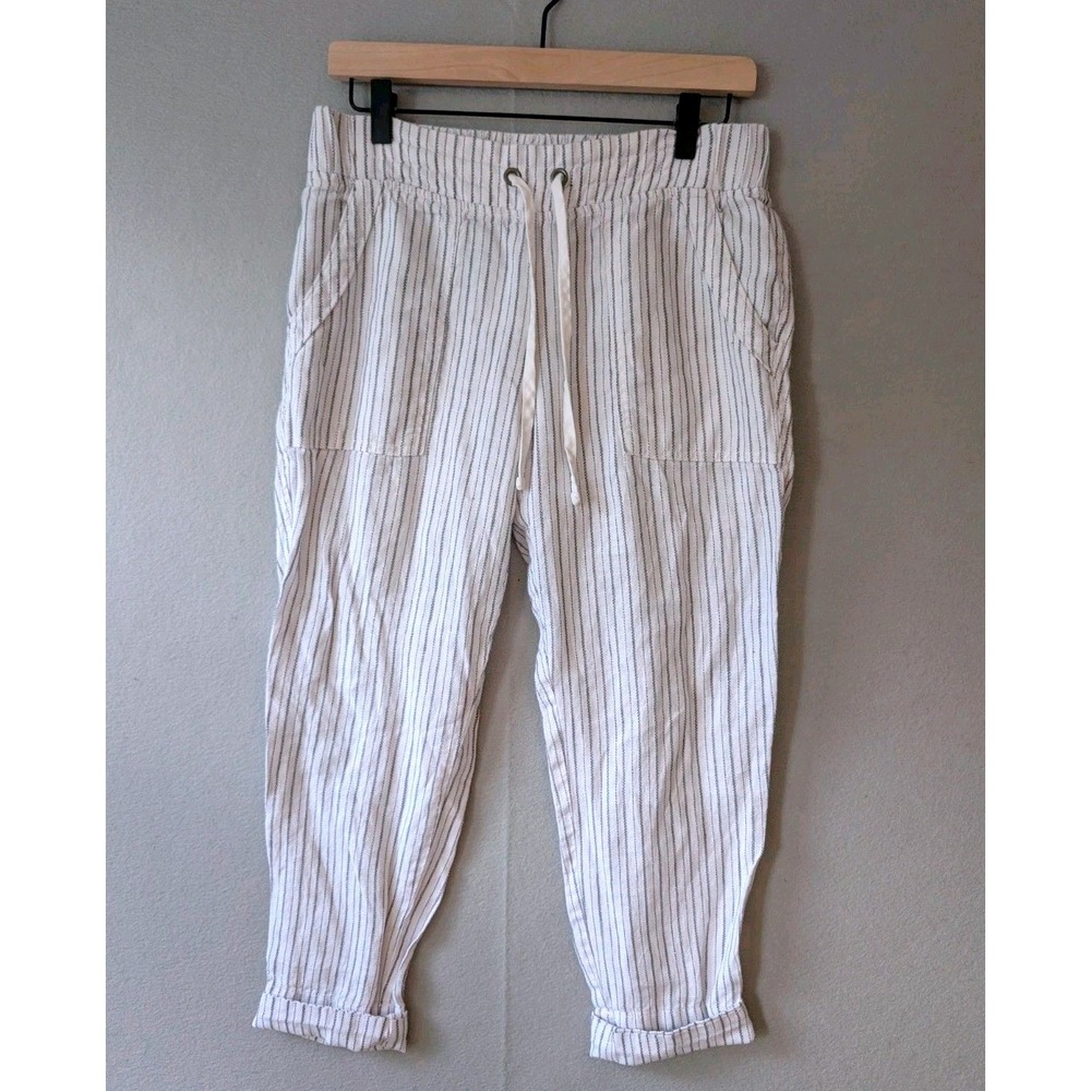 Athleta Women's Linen Jogger Pant White Pinstripe Size 4 Pockets Drawstring Pull
